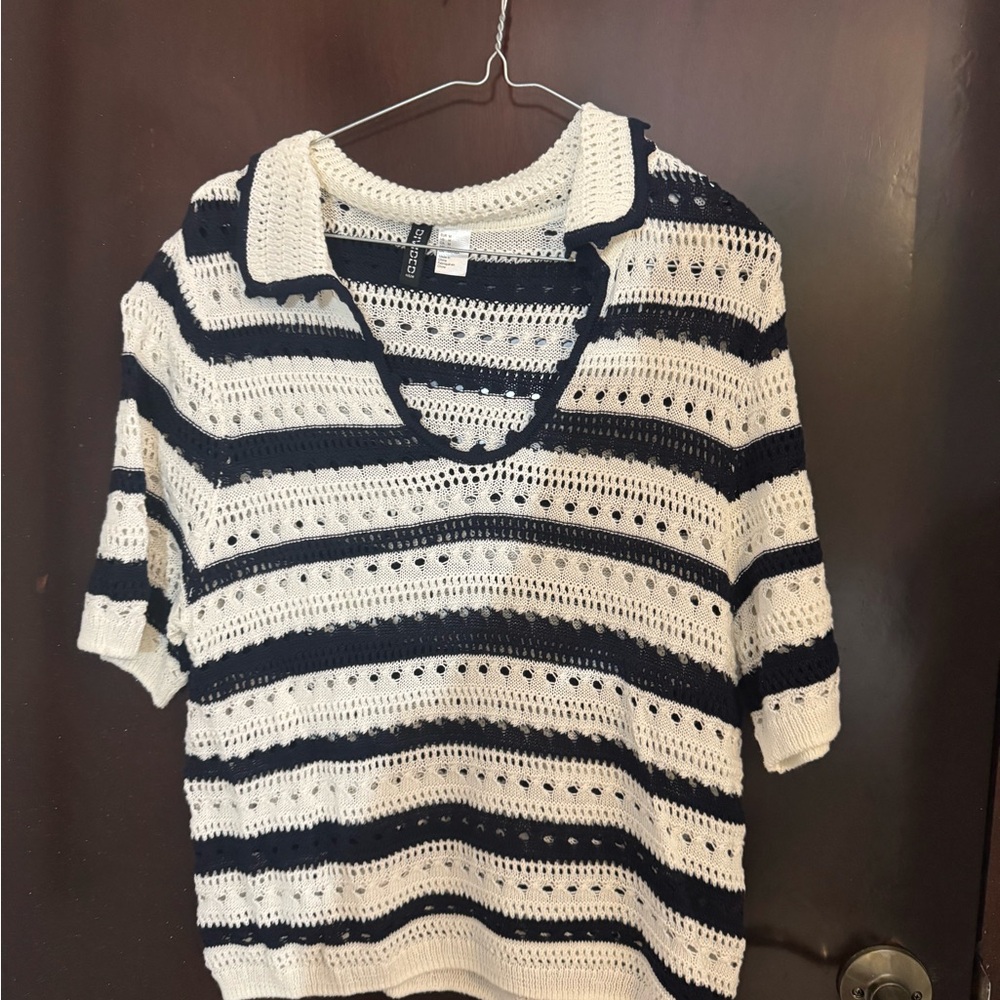 H&M Navy and White V-Neck Sweater
